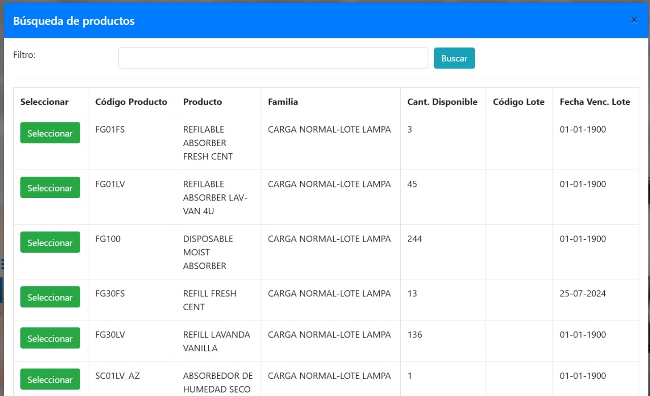 Pantalla del portal de clientes ERGO con la búsqueda de productos: código, familia, cantidad disponible y vencimiento de lote